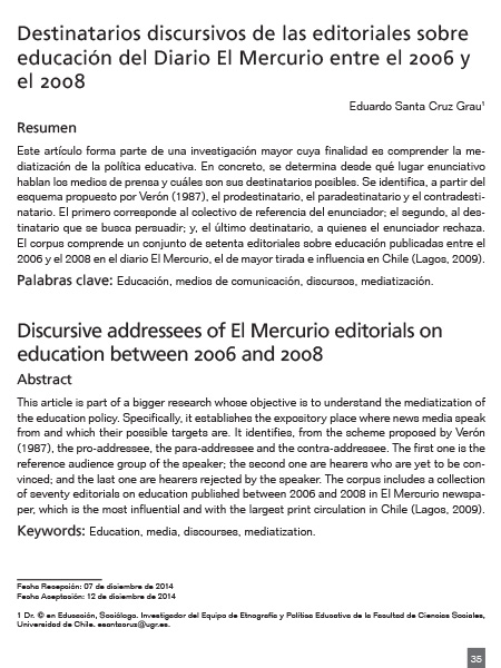 Destinatarios discursivos de las editoriales sobre educación del diario El Mercurio entre el 006 y el 2008